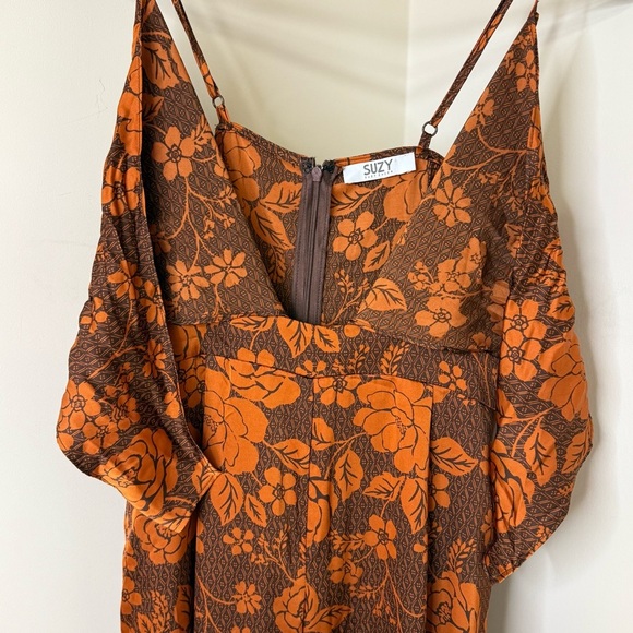 Suzy Shier Orange and Brown Elegant Floral Romper | One-piece Silk Jumpsuit - Picture 6 of 9